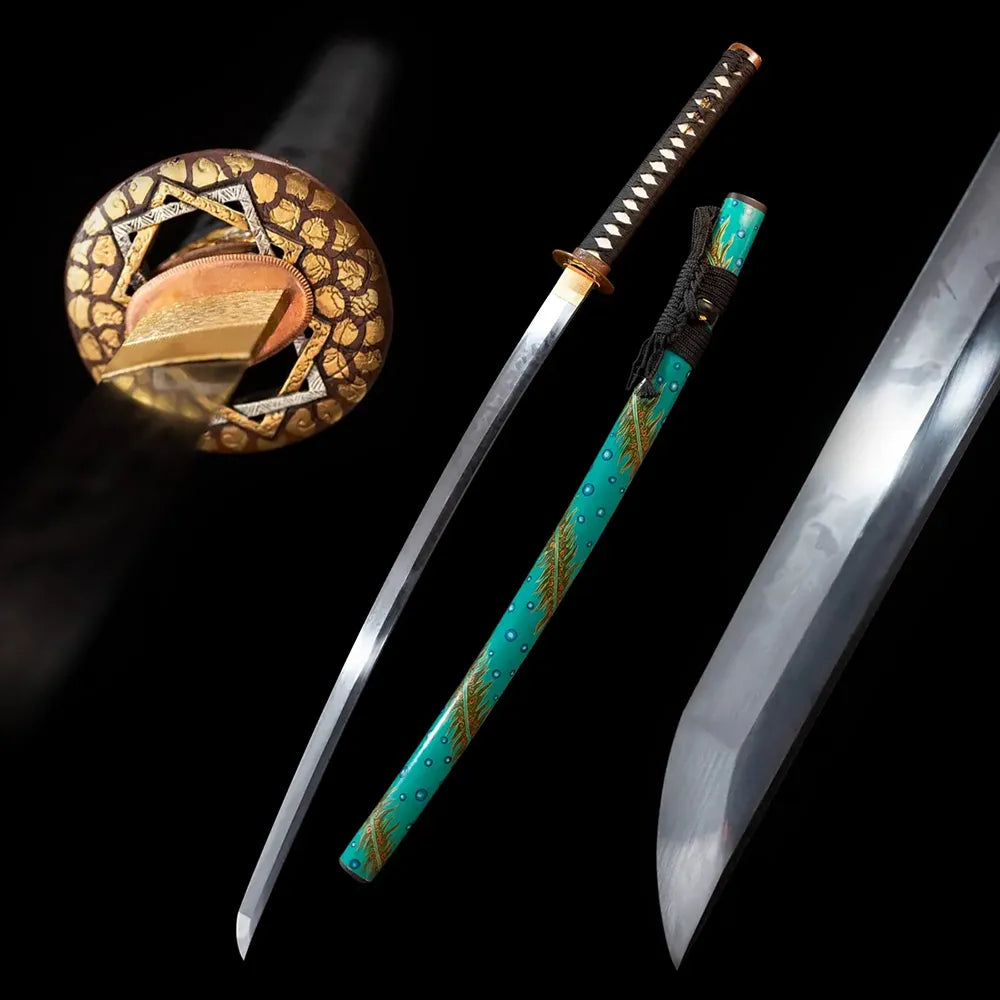 Blue‑Peafowl‑Katana blue‑peafowl exotic‑avian‑plumage‑motif samurai katana drawn T10 gunome‑choji peacock‑plumage layered‑serrated hamon blade turquoise‑blue hand‑painted peacock‑tail‑plume saya full black‑background studio shot