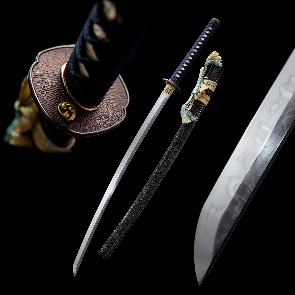 Mo‑Meteorite cosmic‑nebula themed samurai katana drawn t10 clay‑tempered etched blade star‑gradient saya full black‑background studio shot