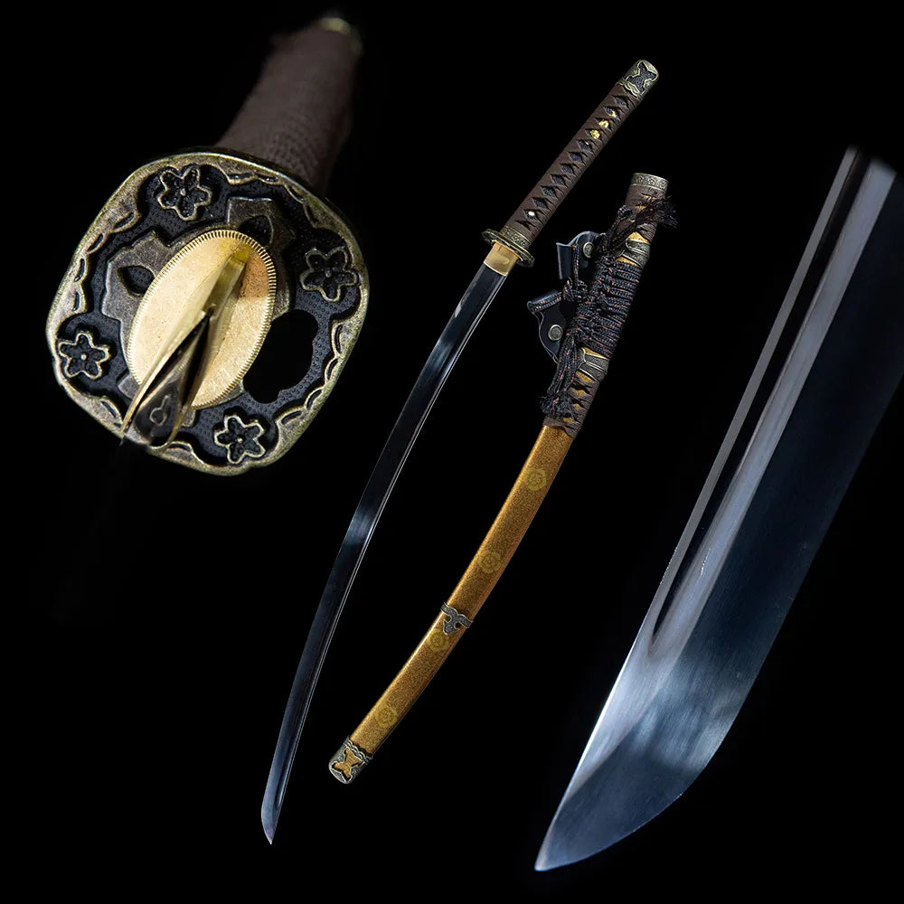 Deep Strong Sori Curve T10 Water Temper Blade Antique Bronze Floral Fittings Gold Mica Clan Crest Saya Brown Samekawa Tsuka Disassemblable Long Samurai Tachi