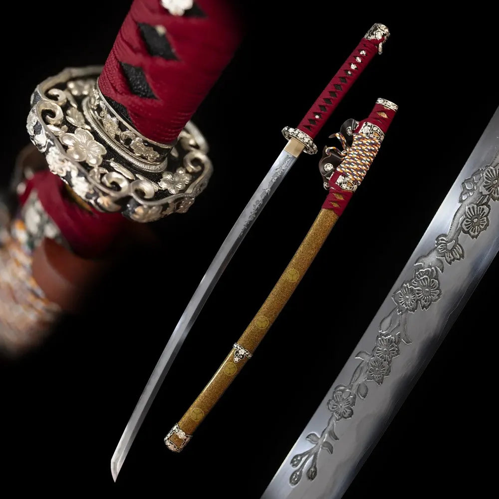 Perseverance‑Tachi perseverance samurai‑spirit‑motif japanese tachi sword drawn honsanmai sanmai‑forged damascus‑t10 gunome undulating wave hamon blade golden‑grain kamon‑emblem saya full black‑background studio shot