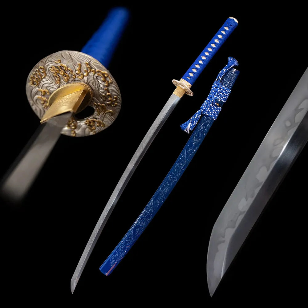 Sea‑Dragon‑God‑Katana sea‑dragon‑deity deep‑ocean‑myth‑legend‑motif samurai katana drawn T10 midare‑sanbonsugi sea‑dragon‑surge‑undulating hamon blade deep‑indigo‑blue tide‑ocean‑seadragon saya full black‑background studio shot