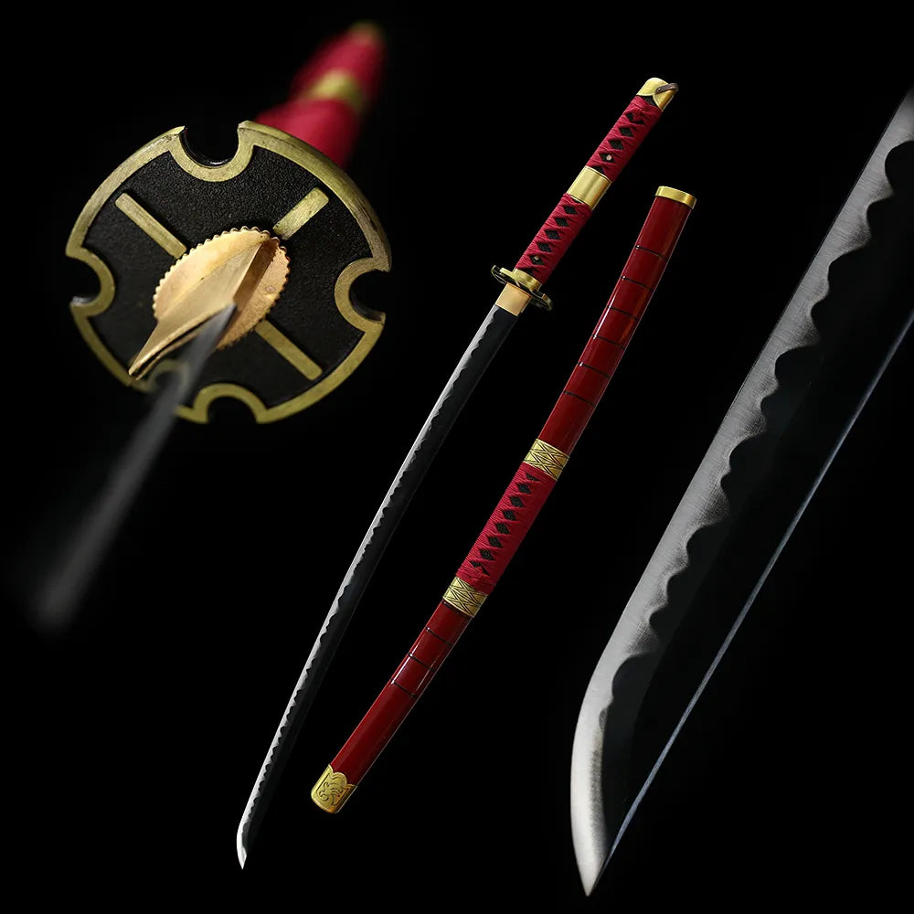 Sandai Kitetsu cursed demon katana drawn blade bright‑red pirate saya full black‑background studio shot