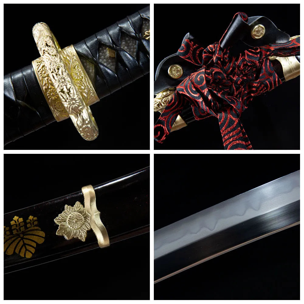 4-grid collage Shadowless Gust hollow floral gilded tsuba white ray skin tsachi gold family crest black red saya