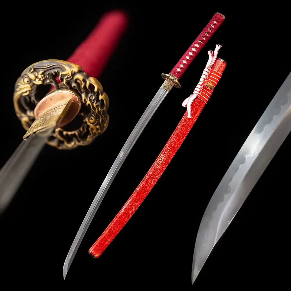 Purgatory‑Katana purgatory hannya dark‑oni‑demon‑motif samurai katana drawn T10 sanbonsugi three‑cedar‑tree hamon blade scarlet‑red white‑dot ray‑skin‑texture saya full black‑background studio shot