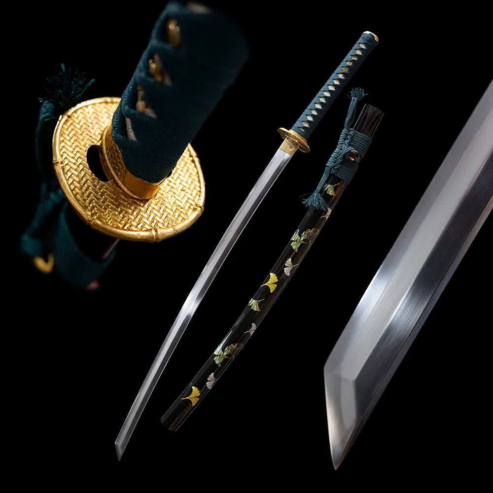 Ink‑Style‑Katana chinese ink‑wash art themed samurai katana drawn t10 clay‑tempered ink‑cloud etched blade ink‑blot saya full black‑background studio shot