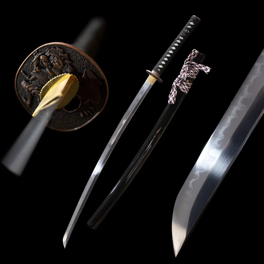 Black‑Whirlwind‑Katana minimalist matte‑black practical samurai katana drawn T10 natural irregular hamon blade glossy solid black hardwood saya black background studio full shot