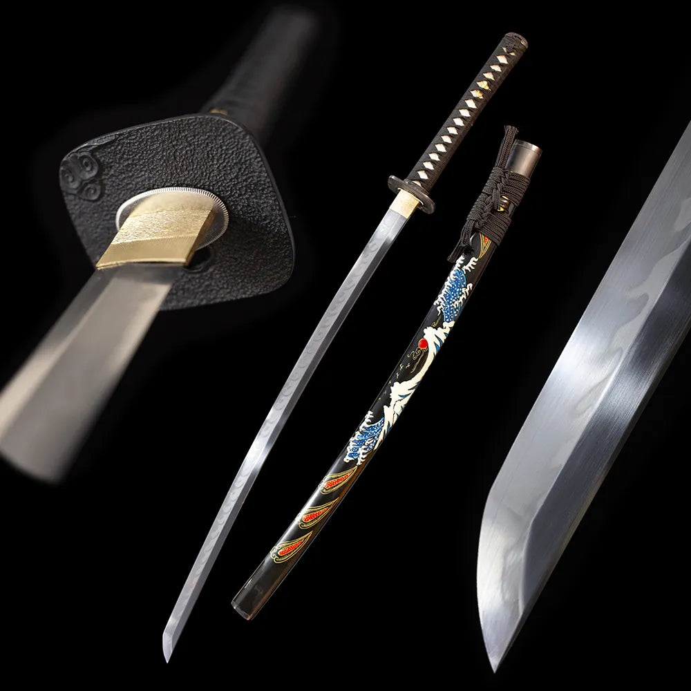 The‑Great‑Wave‑Katana japanese ukiyo‑e kanagawa great‑wave artistic‑motif samurai katana drawn T10 midare‑gunome surging‑ocean‑wave undulating hamon blade gloss‑black hand‑painted kanagawa‑great‑wave ukiyo‑e saya full black‑background studio shot