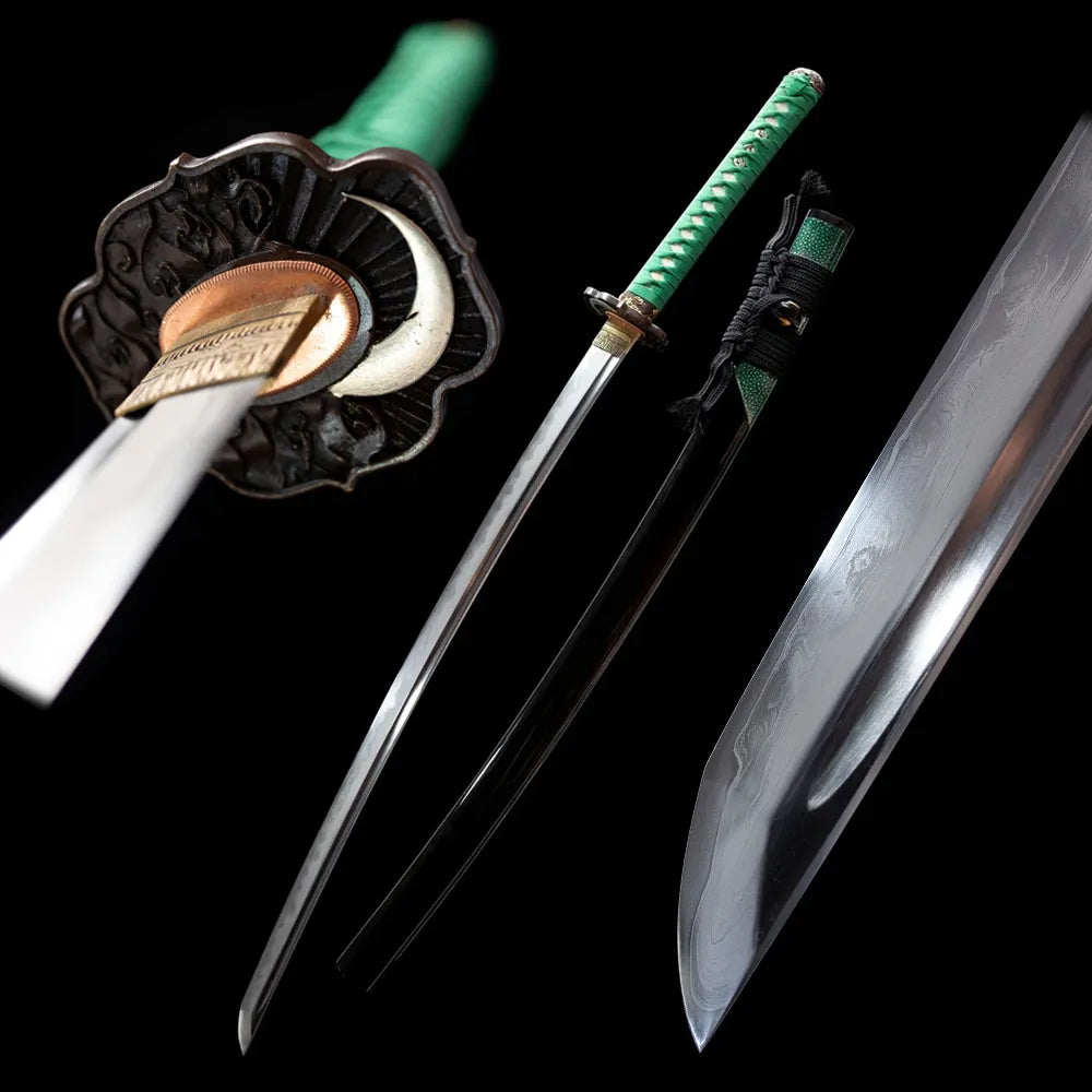Sun Moon katana drawn blade and black saya full black background studio shot
