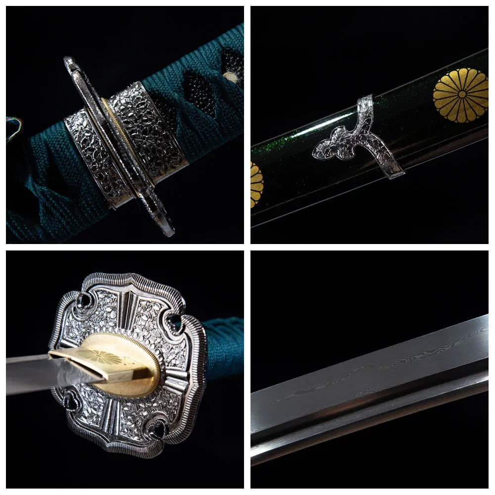 4-grid collage Tokugawa kamon antique bronze tsuba beige ray skin tsuka matte walnut wood saya plain T10 blade