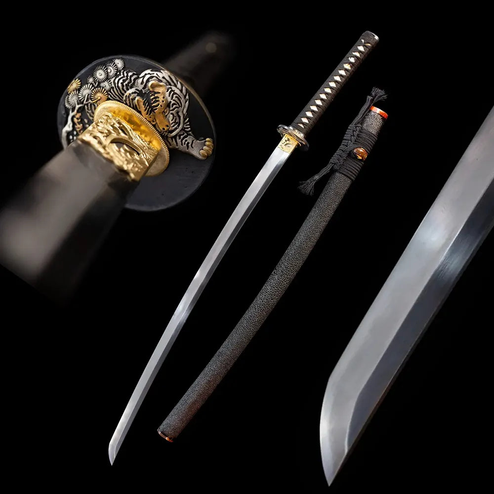 Silver‑Tiger‑Katana silver‑tiger majestic‑beast‑king‑motif samurai katana drawn T10 midare‑gunome tiger‑mane‑undulating hamon blade charcoal‑grey silver‑tiger‑stripe saya full black‑background studio shot