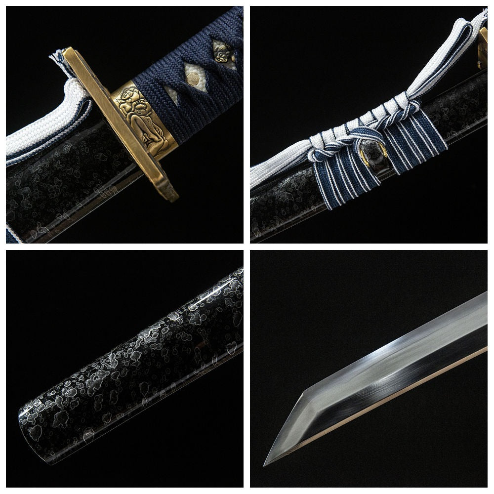 4-grid detail collage of Azure Wind Katana blade, handle, copper tsuba and lacquer saya