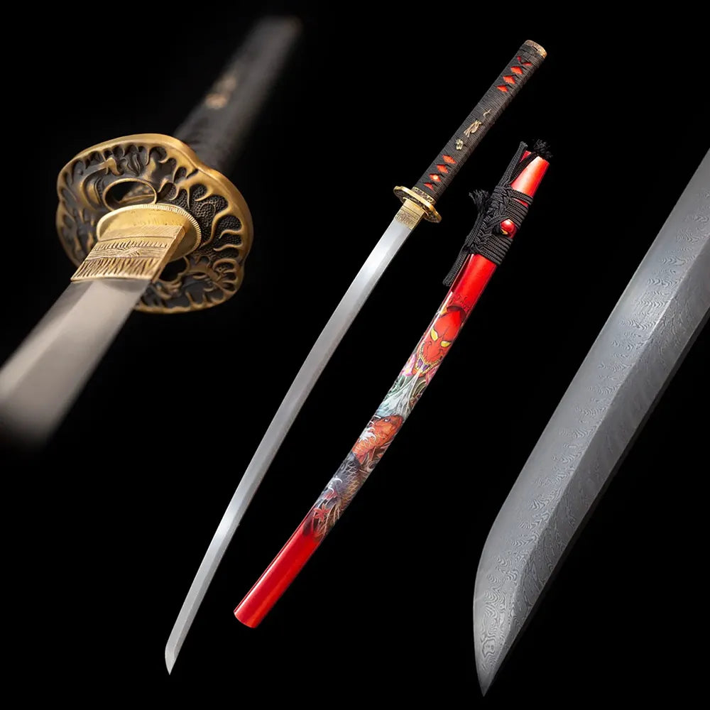 Prajna‑Katana prajna hannya‑demon‑myth‑eerie‑motif samurai katana drawn T10 billowing cloud‑surge undulating hamon blade fiery‑red hannya‑demon‑koi‑carp saya full black‑background studio shot