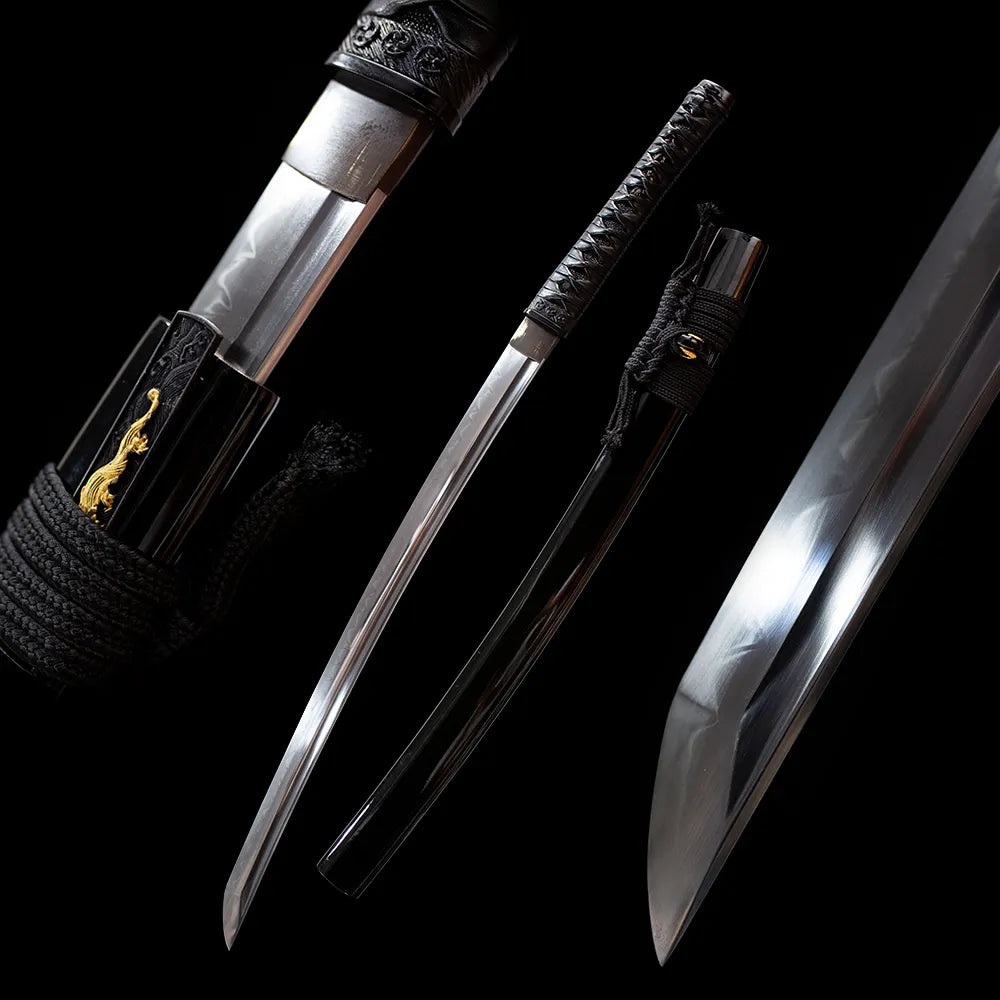 Black dragon all matte black wakizashi separated blade & black lacquer saya full black studio shot