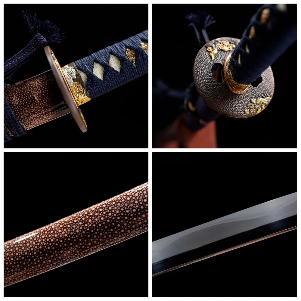 Four grid collage lion tsuba, tsuka, sage & blade tip close-ups