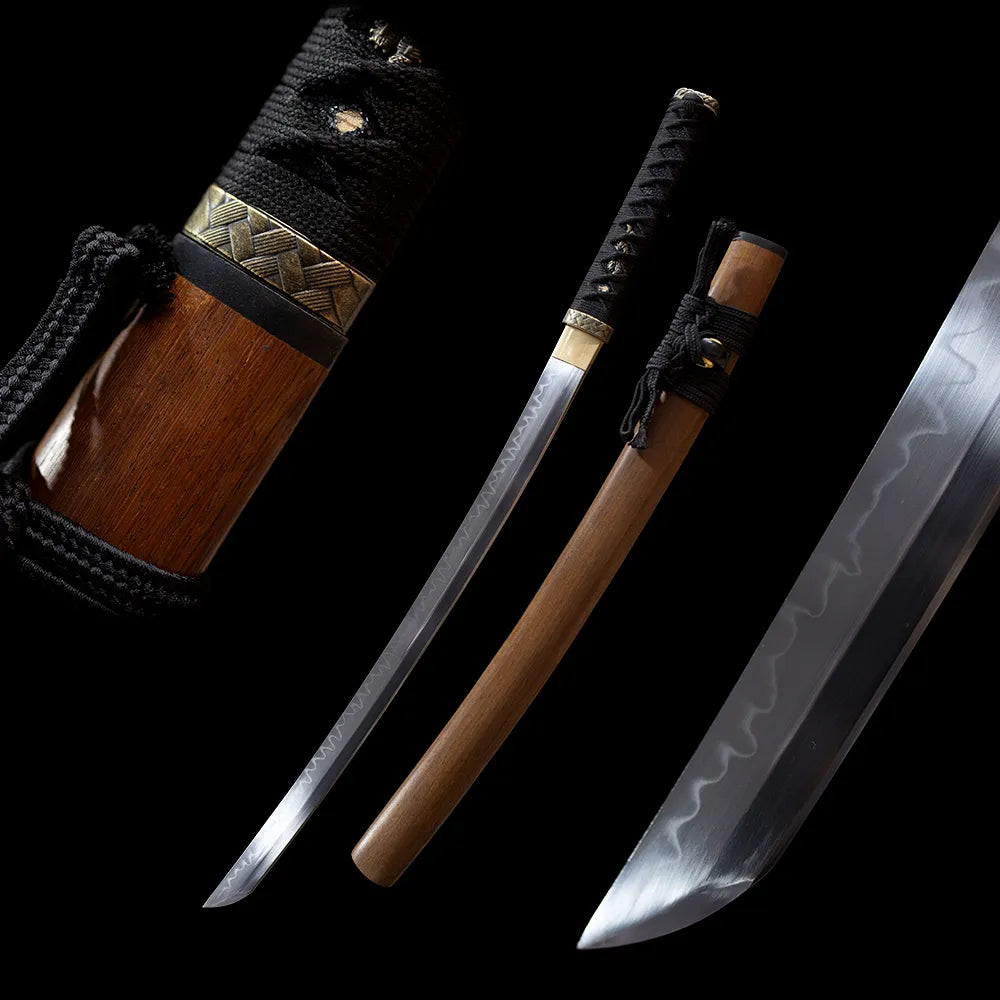 Counterblade‑Katana reverse‑edge combat‑concept samurai katana drawn T10 sanbonsugi hamon blade matte‑brown practical hardwood saya full black‑background studio shot