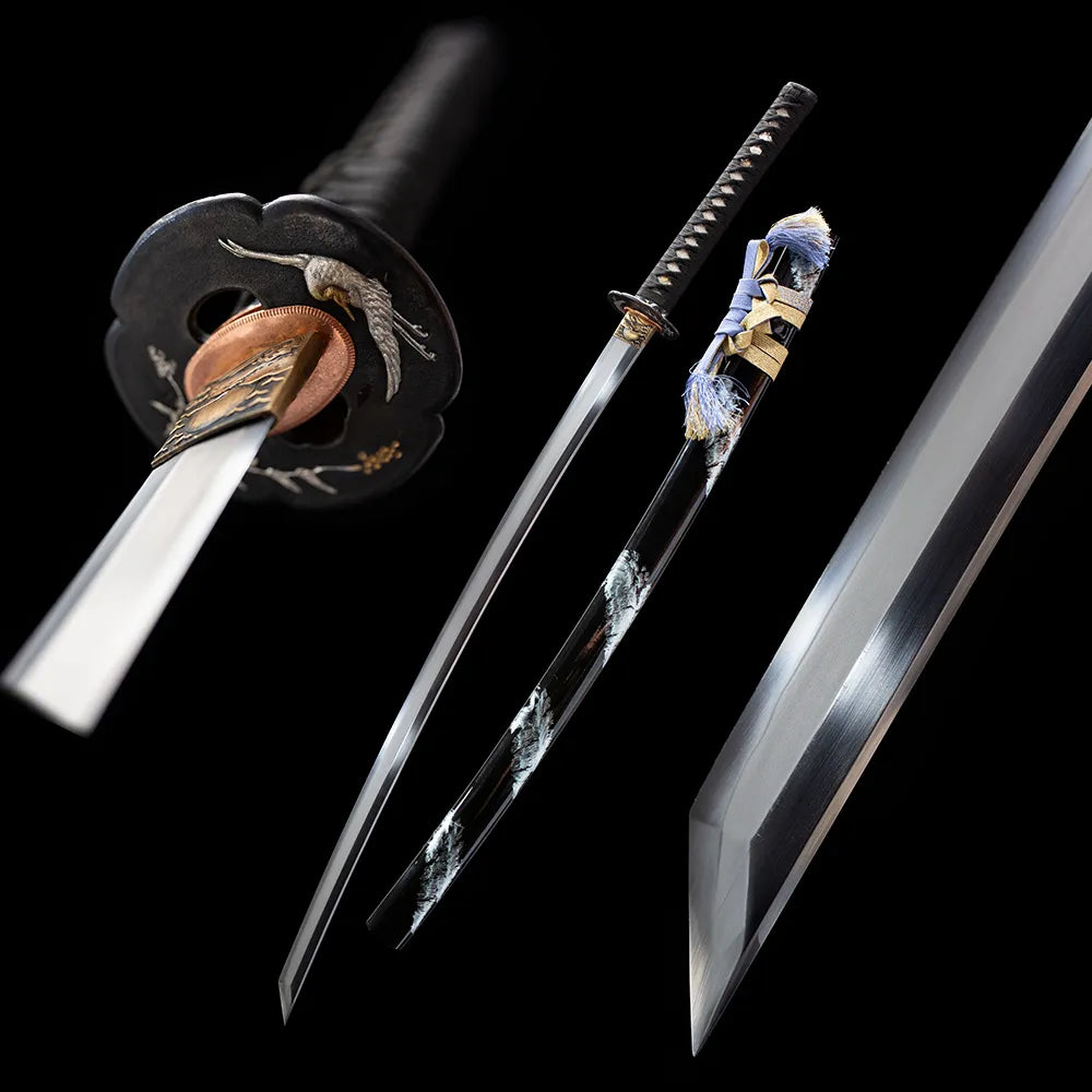 Flying crane katana separated blade and pine print black saya black studio background full shot