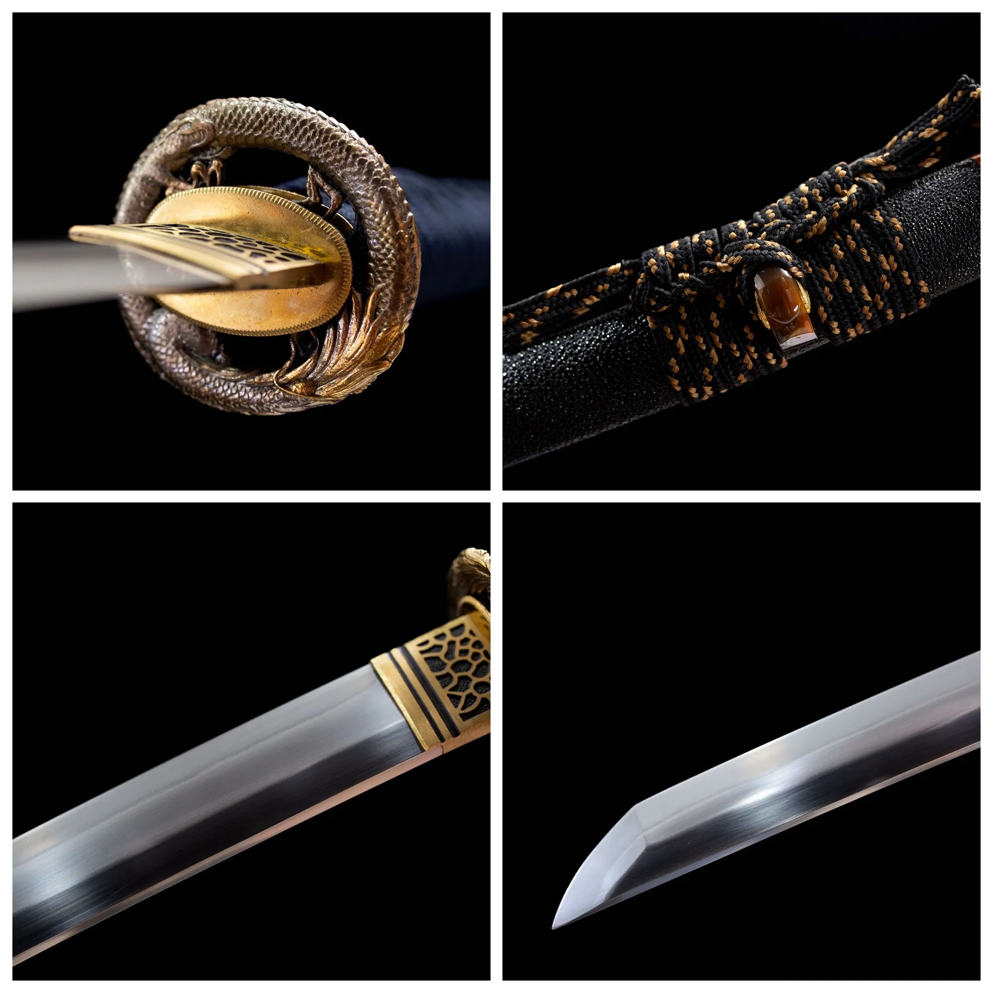 Four grid collage silver dragon tsuba, tsuka, sage & blade tip close-ups