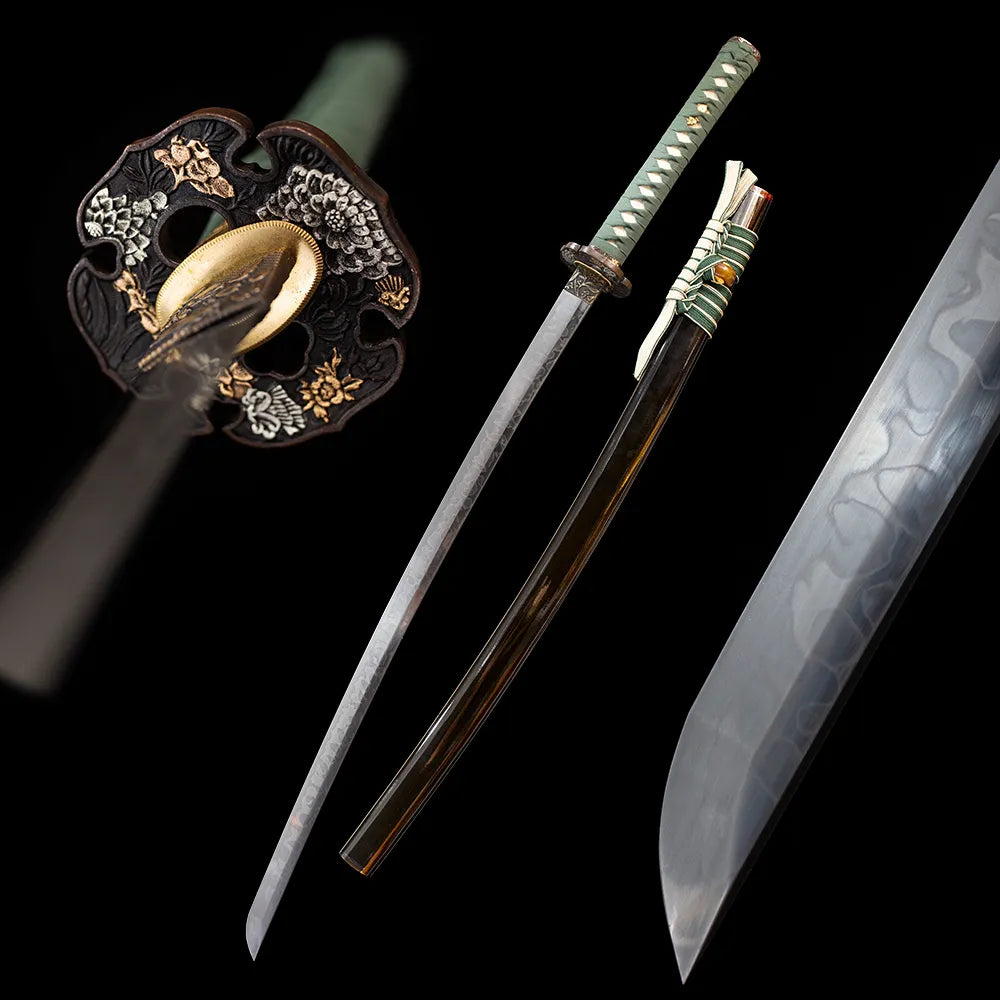 Aeolian‑Bells‑Katana aeolian‑wind‑bell ethereal‑aesthetic‑motif samurai katana drawn T10 choji‑gunome bell‑ripple layered‑serrated hamon blade mist‑grey‑blue wind‑bell‑cloud‑flow saya full black‑background studio shot