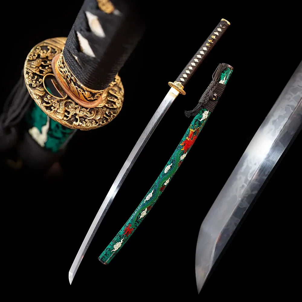Dragon‑King‑Katana oriental‑dragon‑king imperial‑sovereign‑motif samurai katana drawn T10 hitatsura flowing‑water‑undulating hamon blade emerald‑green hand‑painted red‑dragon‑auspicious‑cloud saya full black‑background studio shot
