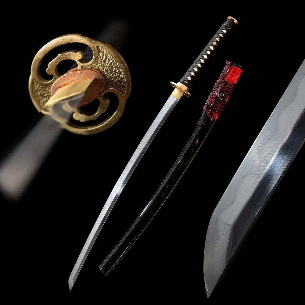 Half‑Makeup‑Katana half‑asymmetrical floral‑art daisho long katana drawn T10 mixed‑suguha compound hamon blade two‑toned half‑gradient maki‑e saya full black‑background studio shot