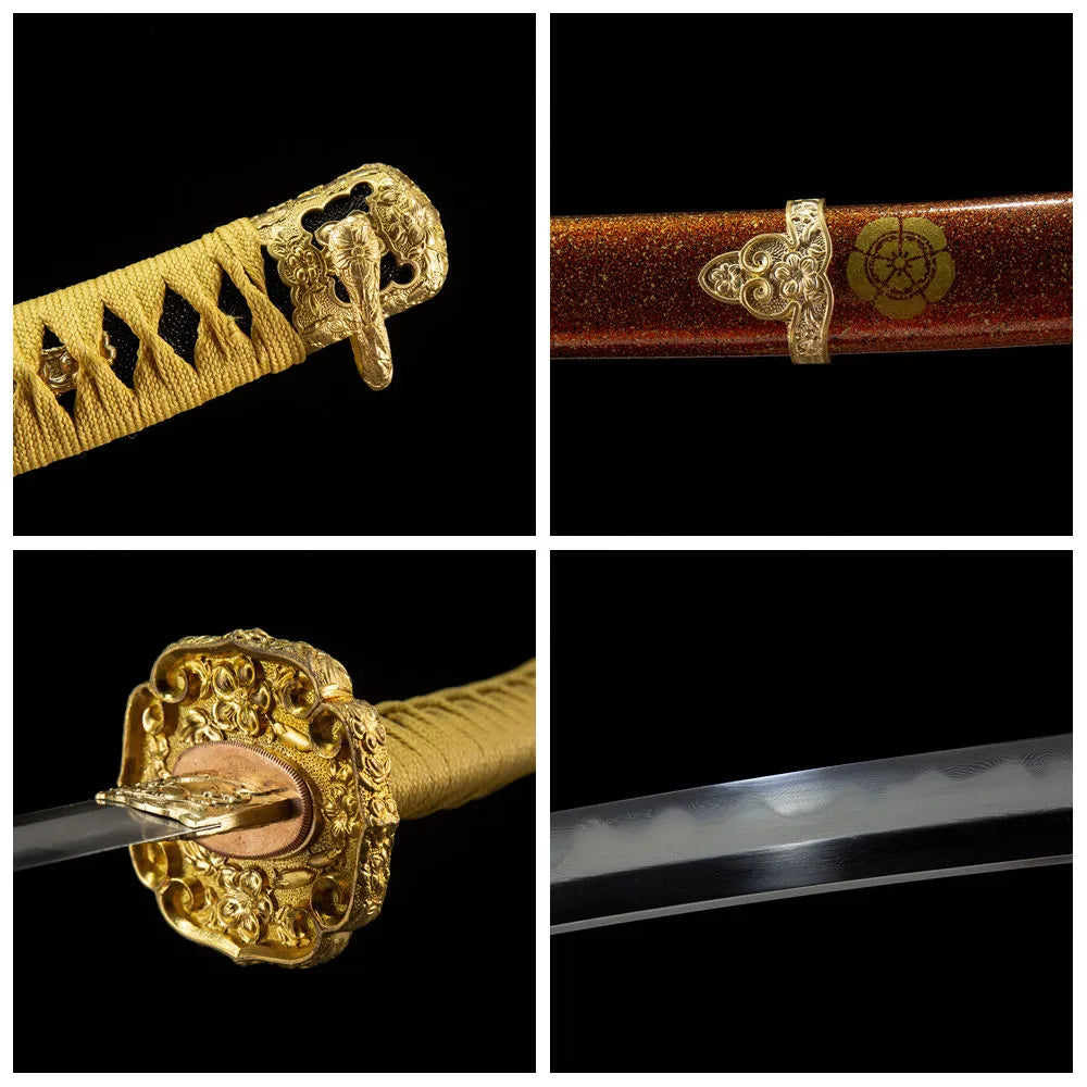 4-grid collage chrysanthemum tachi folding blade solid copper tsuba rayskin tsuka plain saya