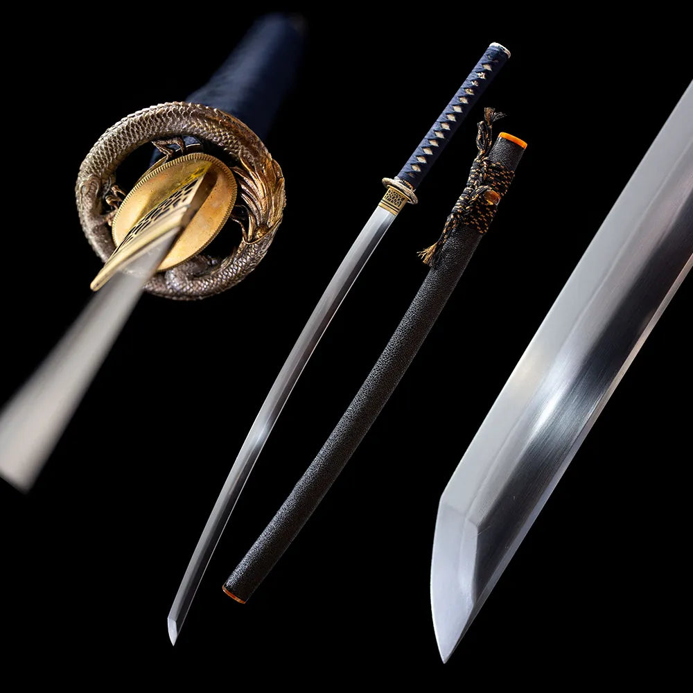 Snapdragon katana drawn blade and black grain saya black studio full shot