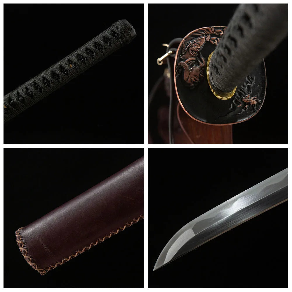 4-grid detail collage of Valiant Phoenix Katana blade, handle, tsuba and cowhide saya