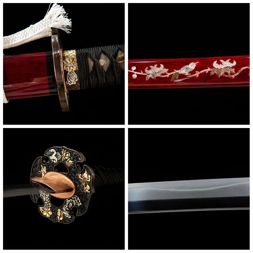 4-grid collage Imu Maru T10 notare blade gold silver copper tsuba full ox horn saya