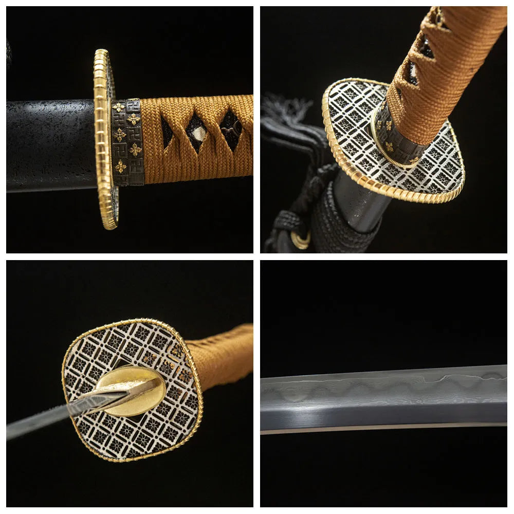 4-grid collage Tianming sanmai wakizashi gold silver copper tsuba rayskin tsuka plain saya