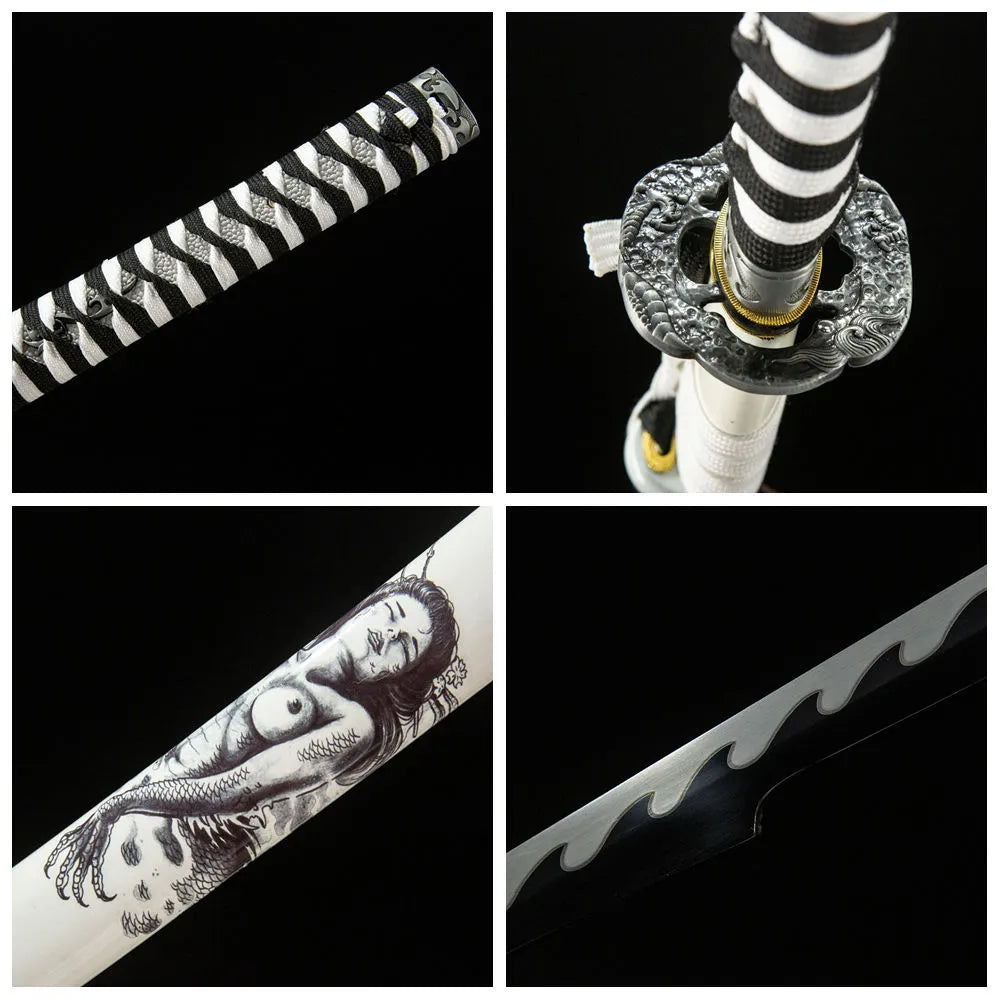 4-grid detail collage of Demon Girl Katana blade, handle, tsuba and saya