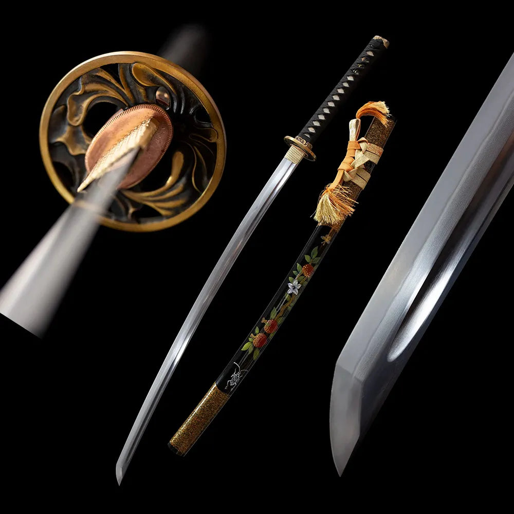 Yoshino‑Katana japanese yoshino‑sakura themed samurai katana drawn t10 clay‑tempered sakura‑etched blade pale‑pink‑gradient saya full black‑background studio shot