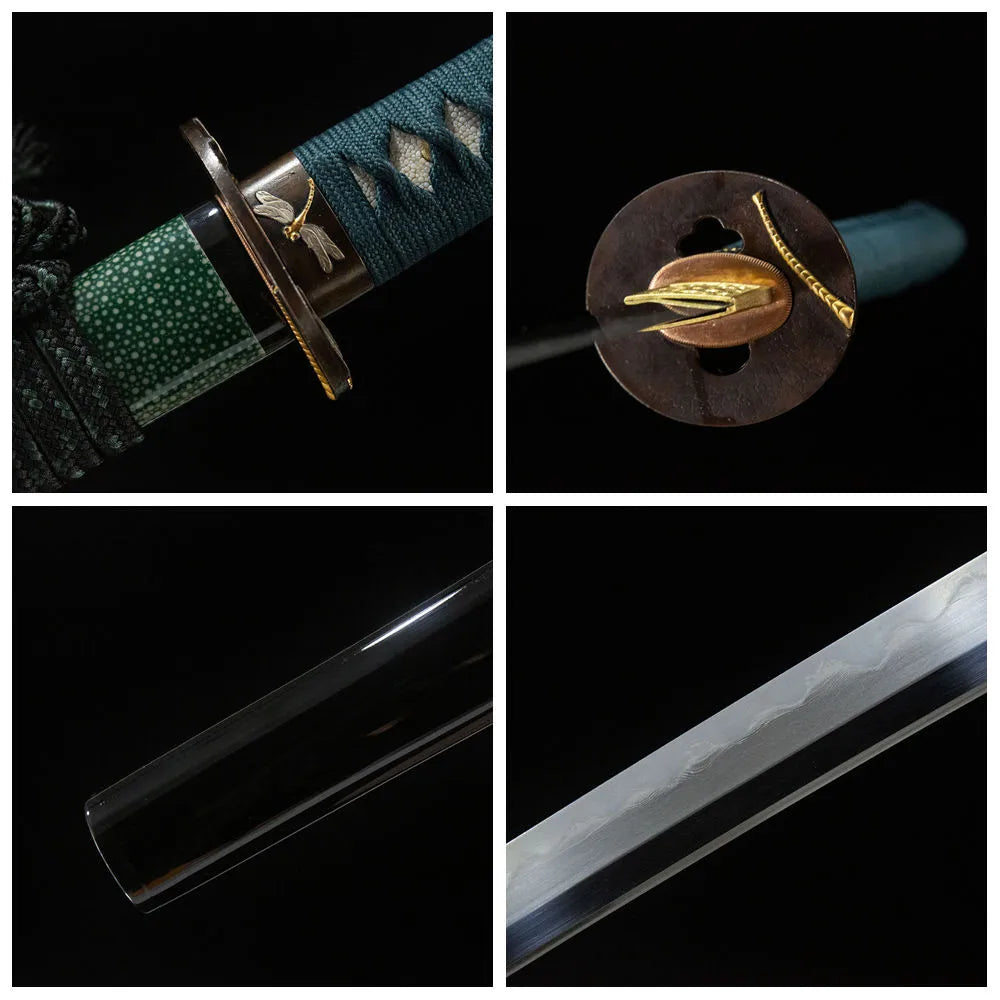 4-grid collage Gale dragonfly copper tsuba teal moro tsuka gunome kobuse blade imitation rayskin saya