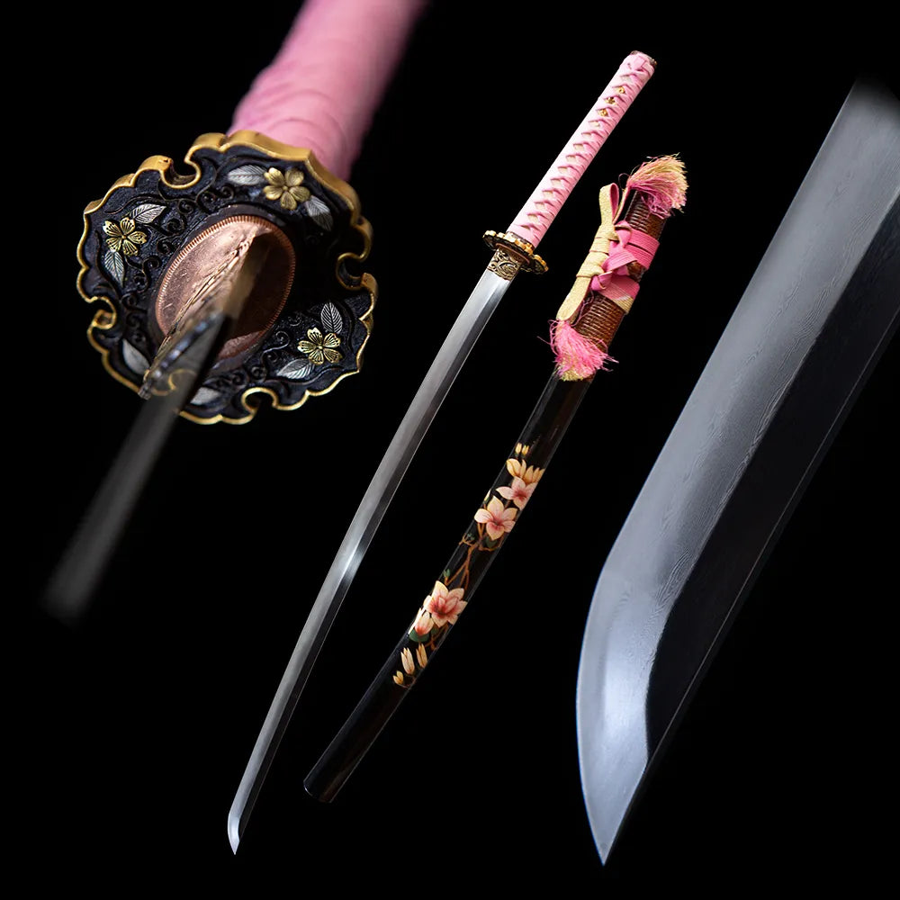 Peach flower katana separated blade and peach blossom scabbard black studio background