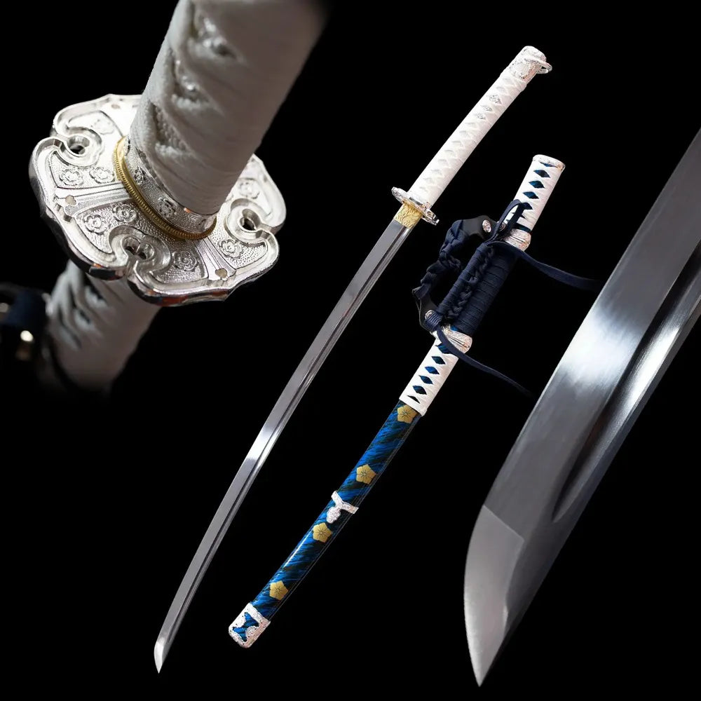 Mitsuhide‑Akechi‑Tachi sengoku warlord themed tachi drawn t10 clay‑tempered blade deep‑blue gold‑mon saya full black‑background studio shot