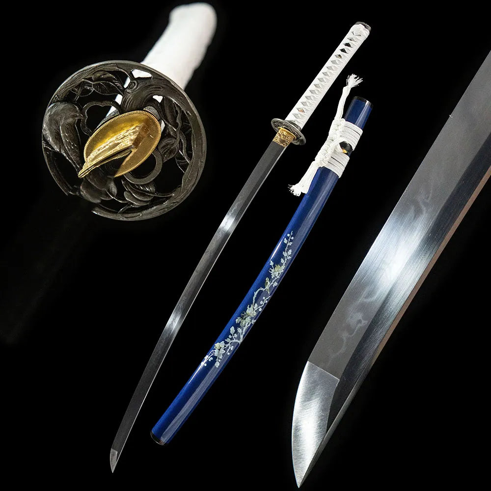 Snow Prunus Mume Katana, winter plum bird theme blue hand-painted saya white moro-hineri tsuba T10 sanbonsugi samurai sword