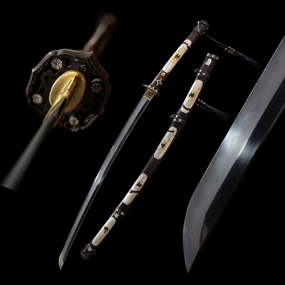 Mansion‑Tachi aristocratic ornate noble tachi drawn t10 clay‑tempered hamon blade gold‑leaf maki‑e tachi saya full black‑background studio shot