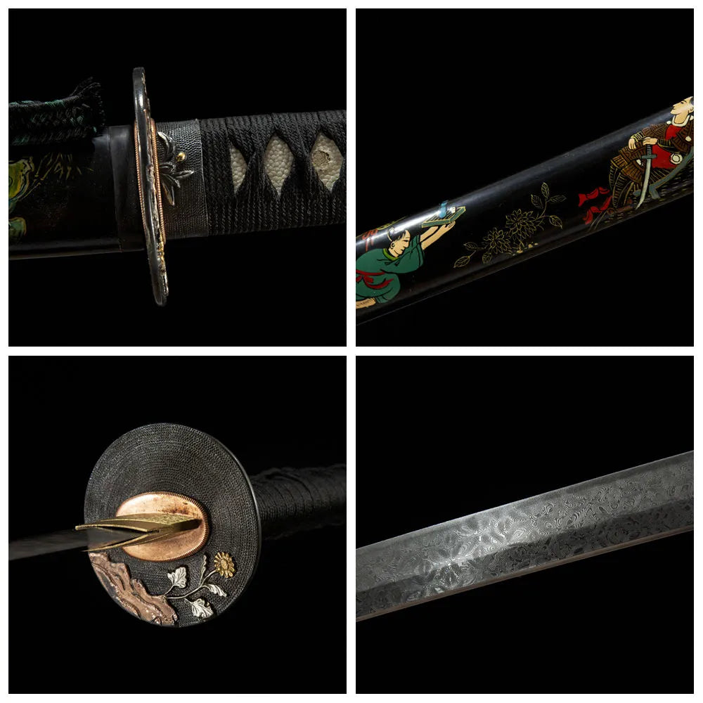 4-grid collage Ise Chiko hitatsura blade gold silver copper tsuba full rayskin ox horn saya