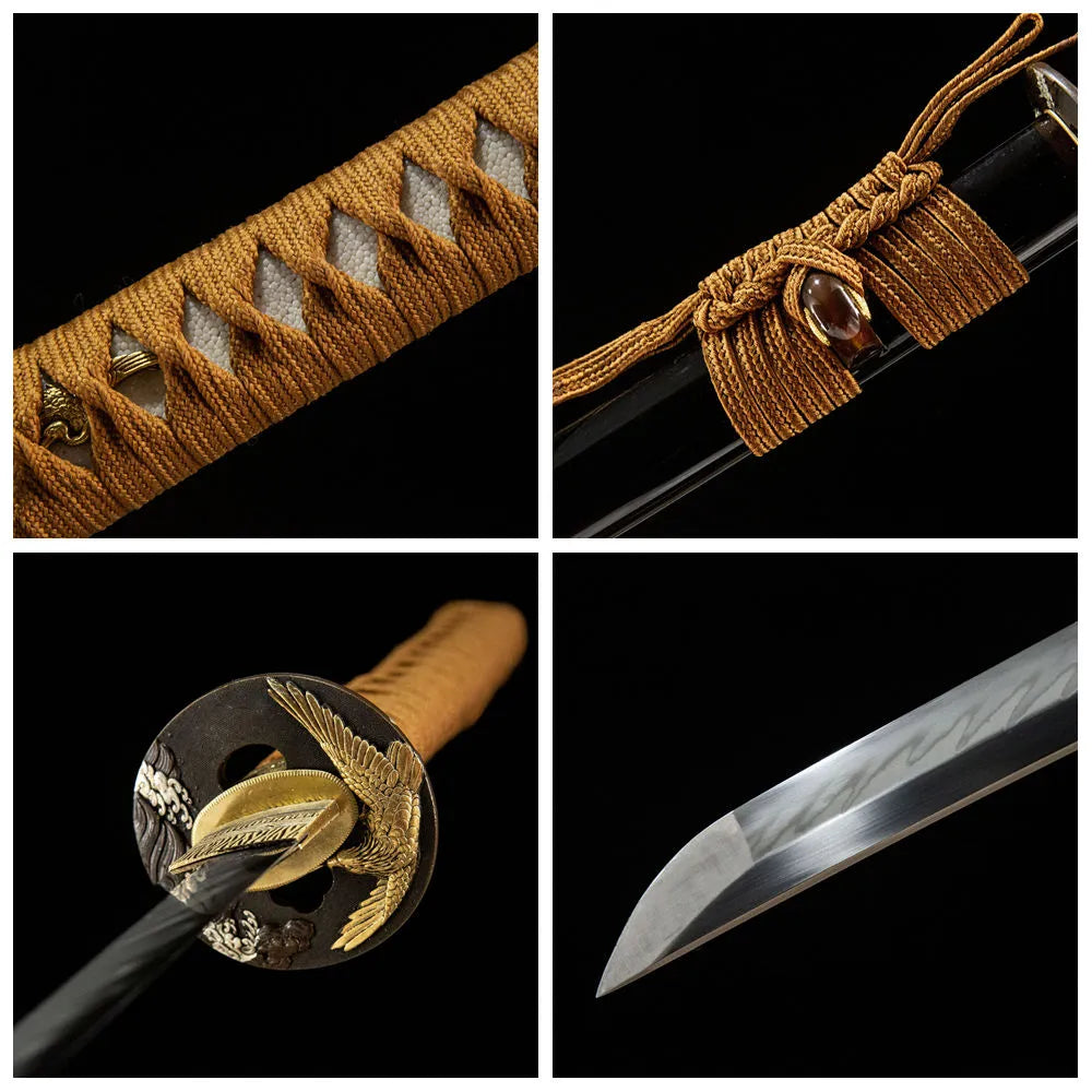4-grid detail collage of Wild Goose Katana blade, handle, tsuba and ox horn saya