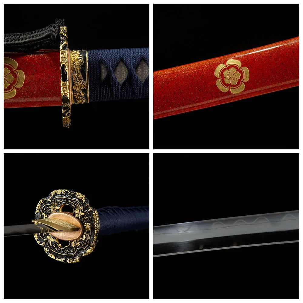 4-grid detail collage Orange Full sanmai folded blade gold silver copper tsuba ray skin tsuka plain saya