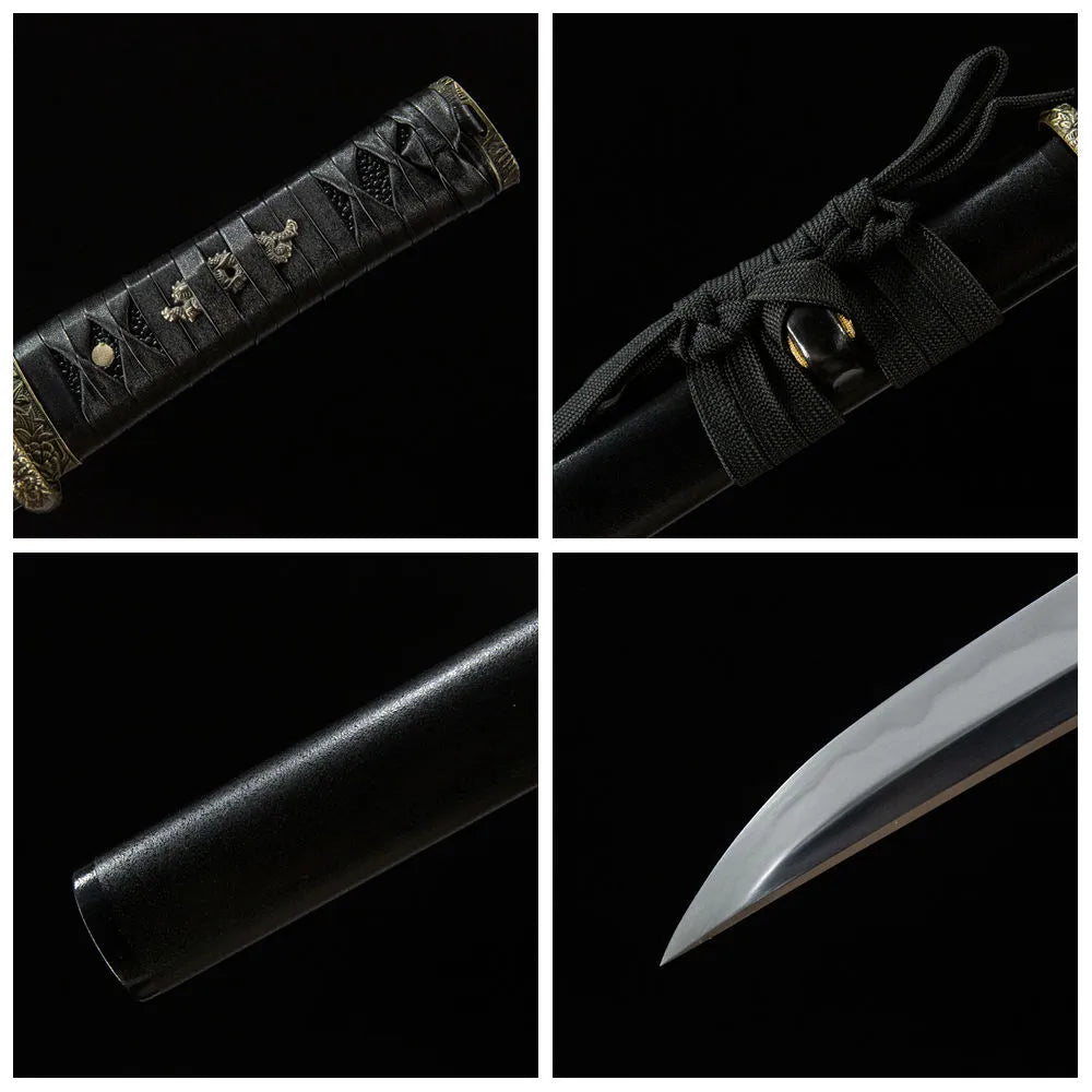 4-grid detail collage of Acalanatha Tanto blade, handle, tsuba and saya