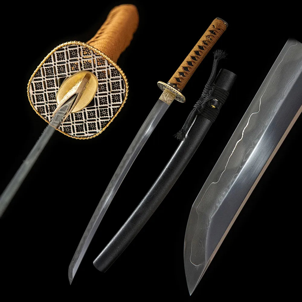 Tianming Wakizashi, Sanmai Folding T10 Gunome Hamon Real Yokote Gold Silver Plated Copper Medium Wakizashi