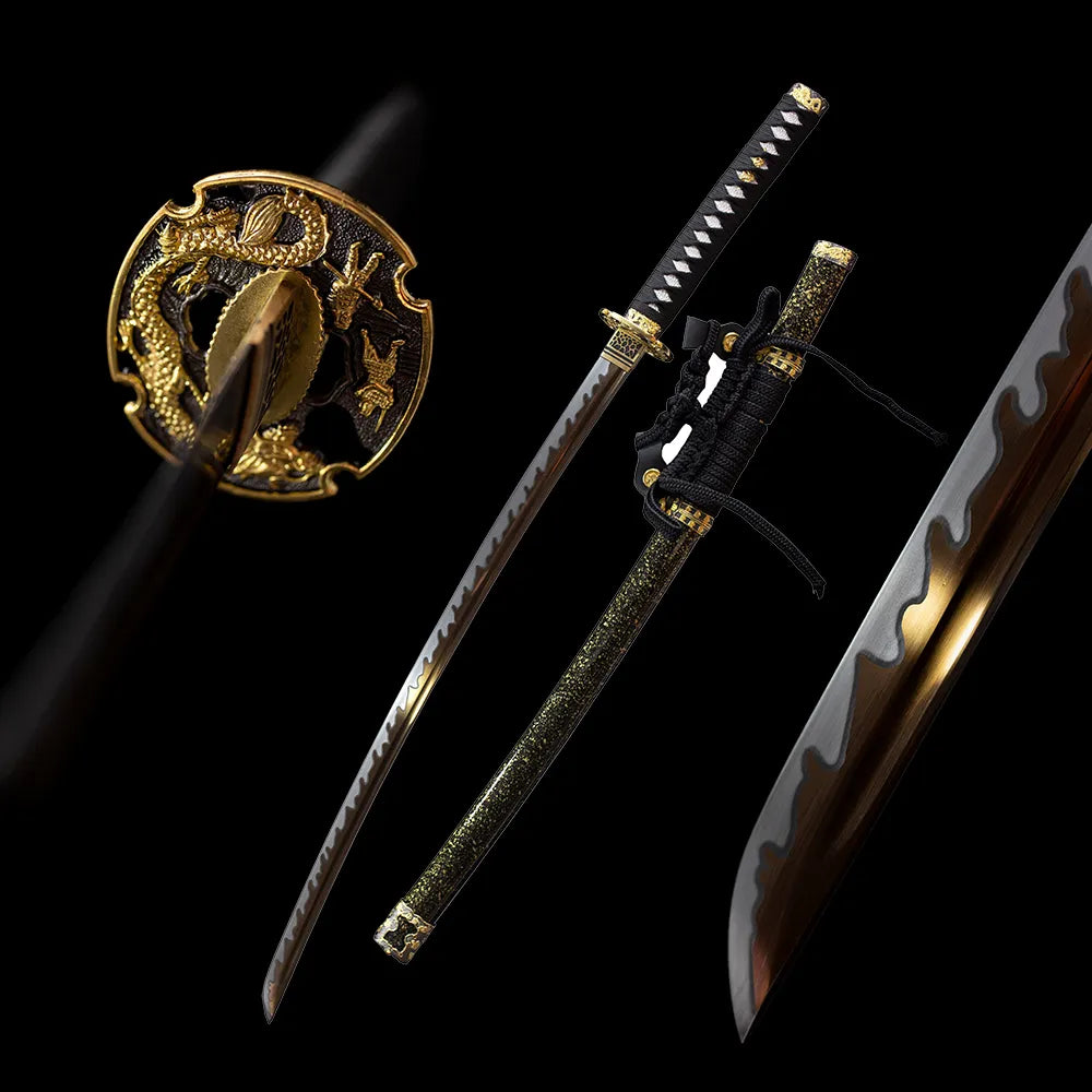 Dragon‑Blade‑Tachi oriental gilded‑dragon‑motif tachi drawn t10 clay‑tempered hamon blade black‑gold speckled tachi saya full black‑background studio shot