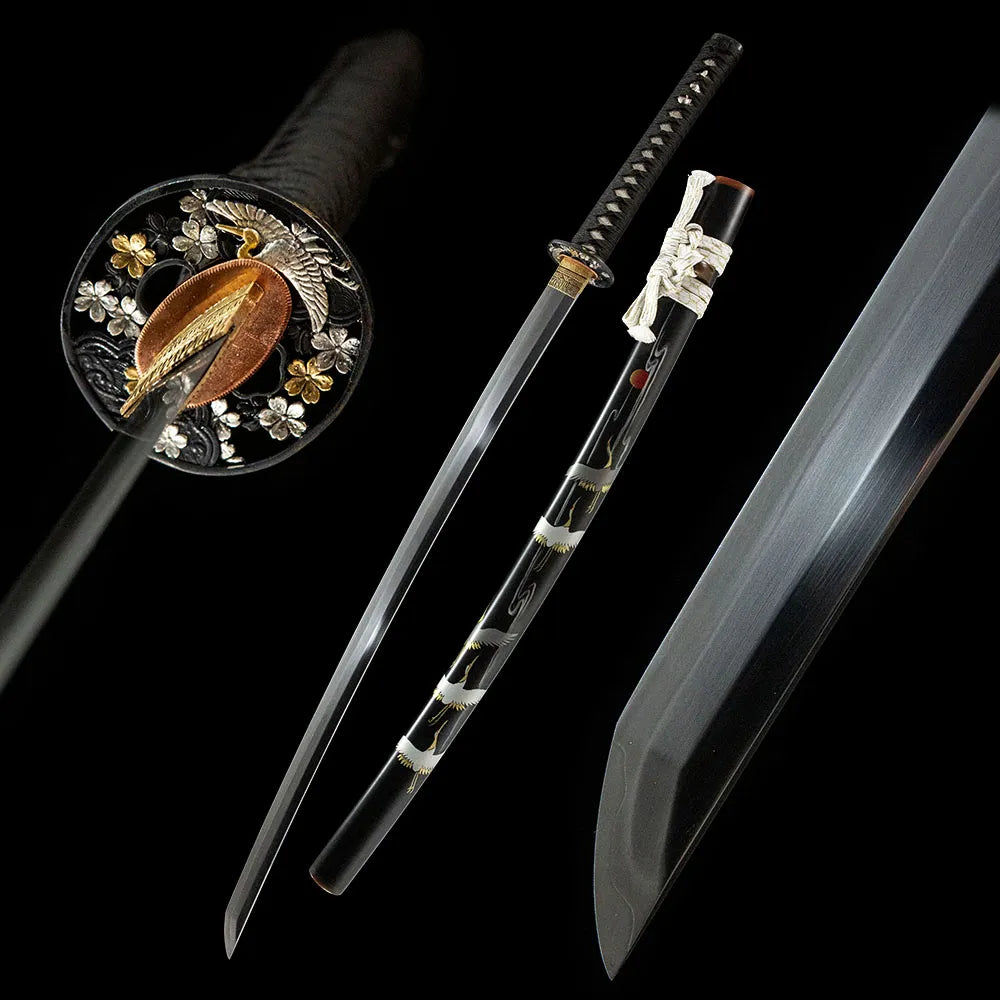 Dancing Crane Katana, Honsanmai suguha tricolor grinding full cow horn botanical painted samurai sword