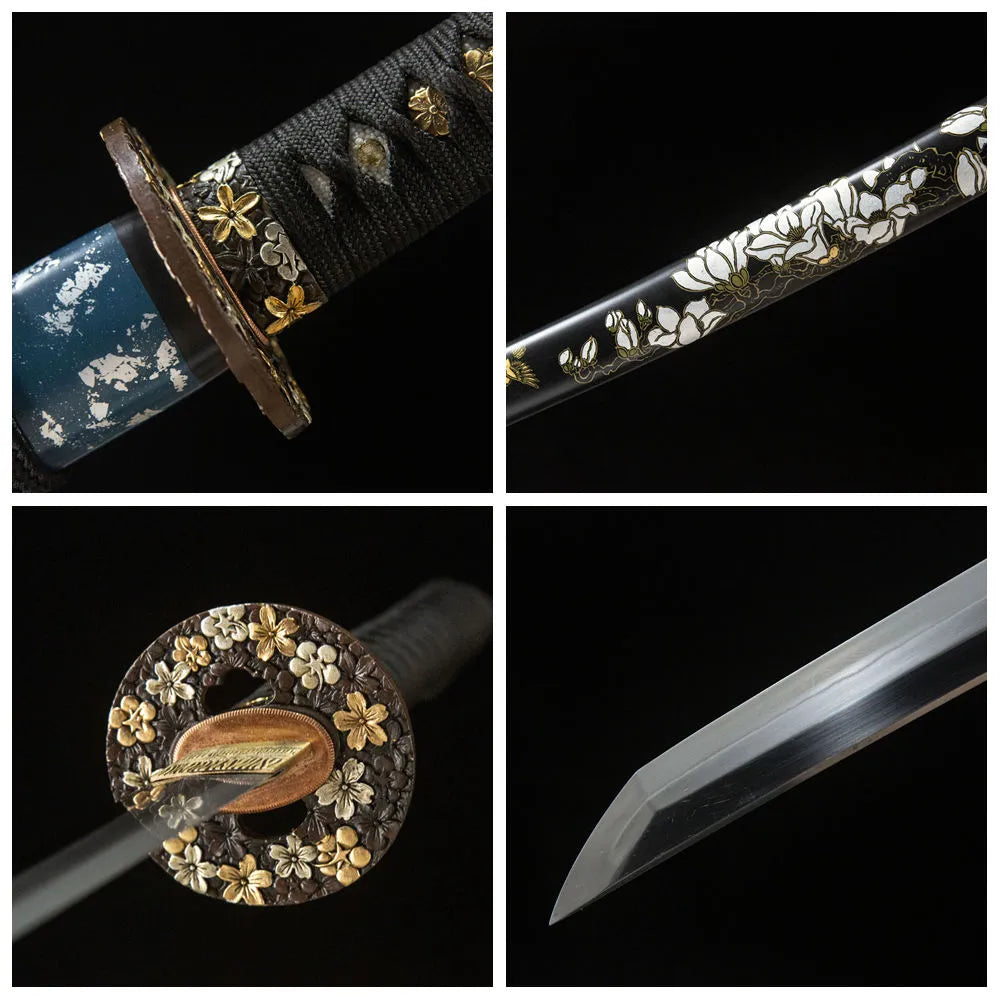 4-grid collage Yulan katana suguha blade gold silver gilded tsuba ray skin tsuka plain wood ox horn saya