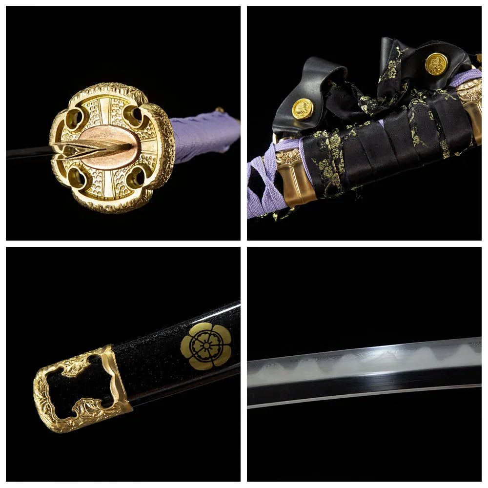 4-grid collage Fierce Tiger notare blade copper tsuba ray skin tsuka plain wood saya