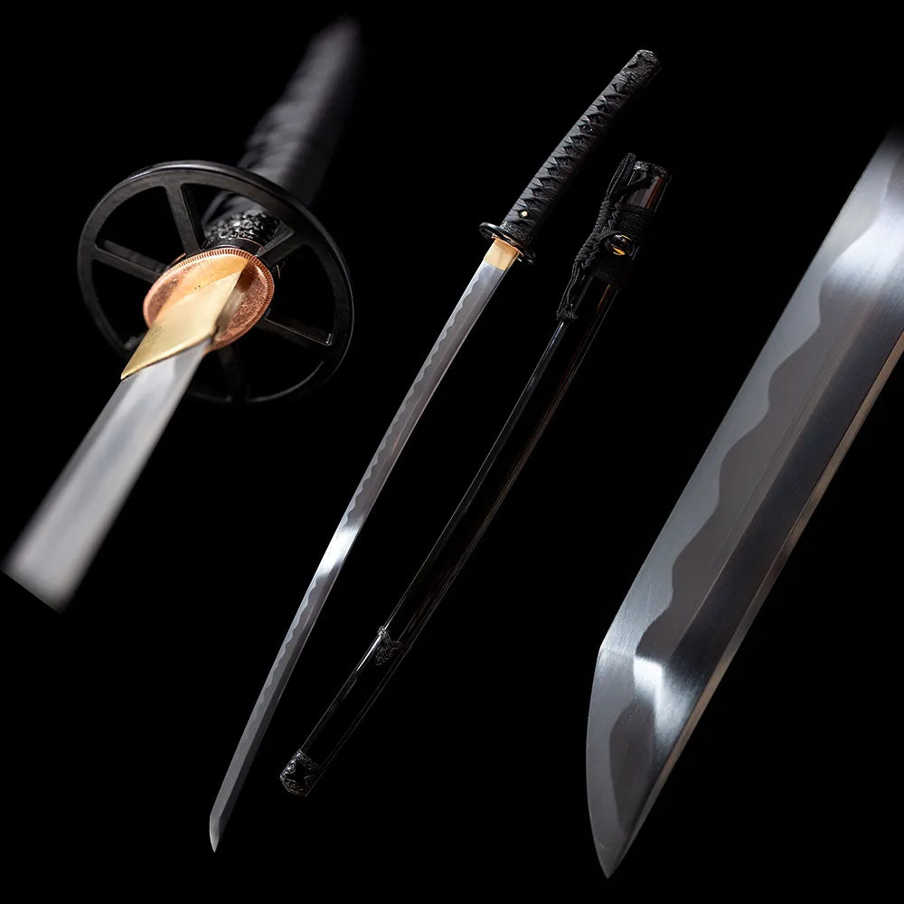 Rurouni Kenshin half tachi full set drawn blade & black glossy saya wooden stand studio shot
