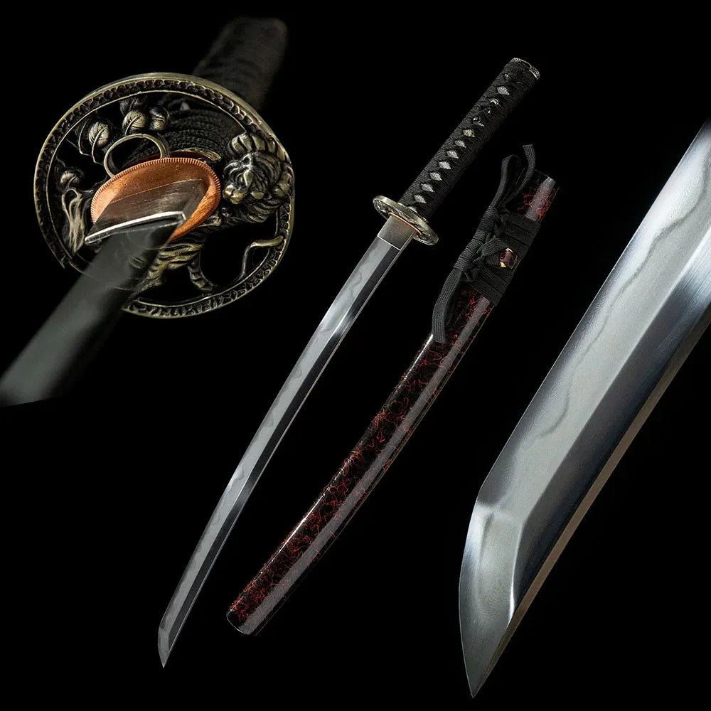 Red Tiger Wakizashi, T10 steel medium samurai sword red tiger theme