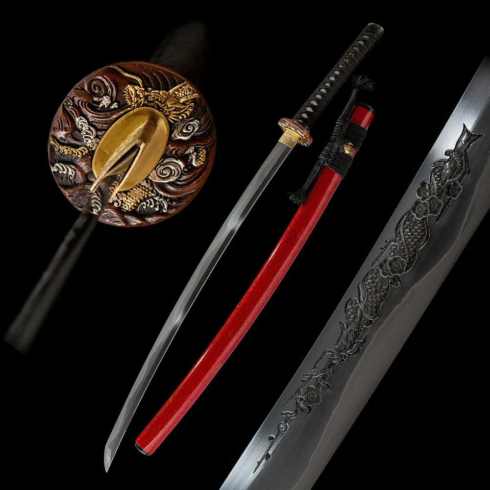 Sea Dragon Emperor Katana, T10 Tsuchioki Notare Hamon Real Yokote Gold Silver Gilded Sea Dragon Ox Horn Katana