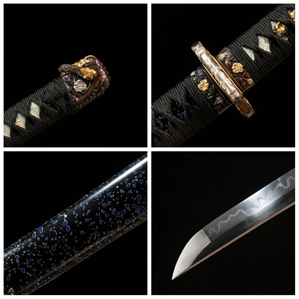 4-grid detail collage of Lion King Tachi blade, handle, tsuba and lacquered saya