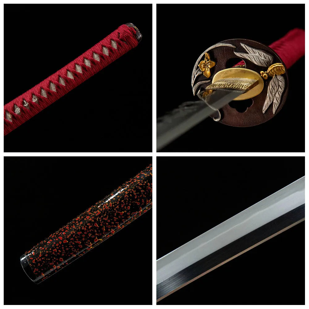 4-grid detail collage of Red Dragonfly Katana blade, handle, tsuba and lacquer saya
